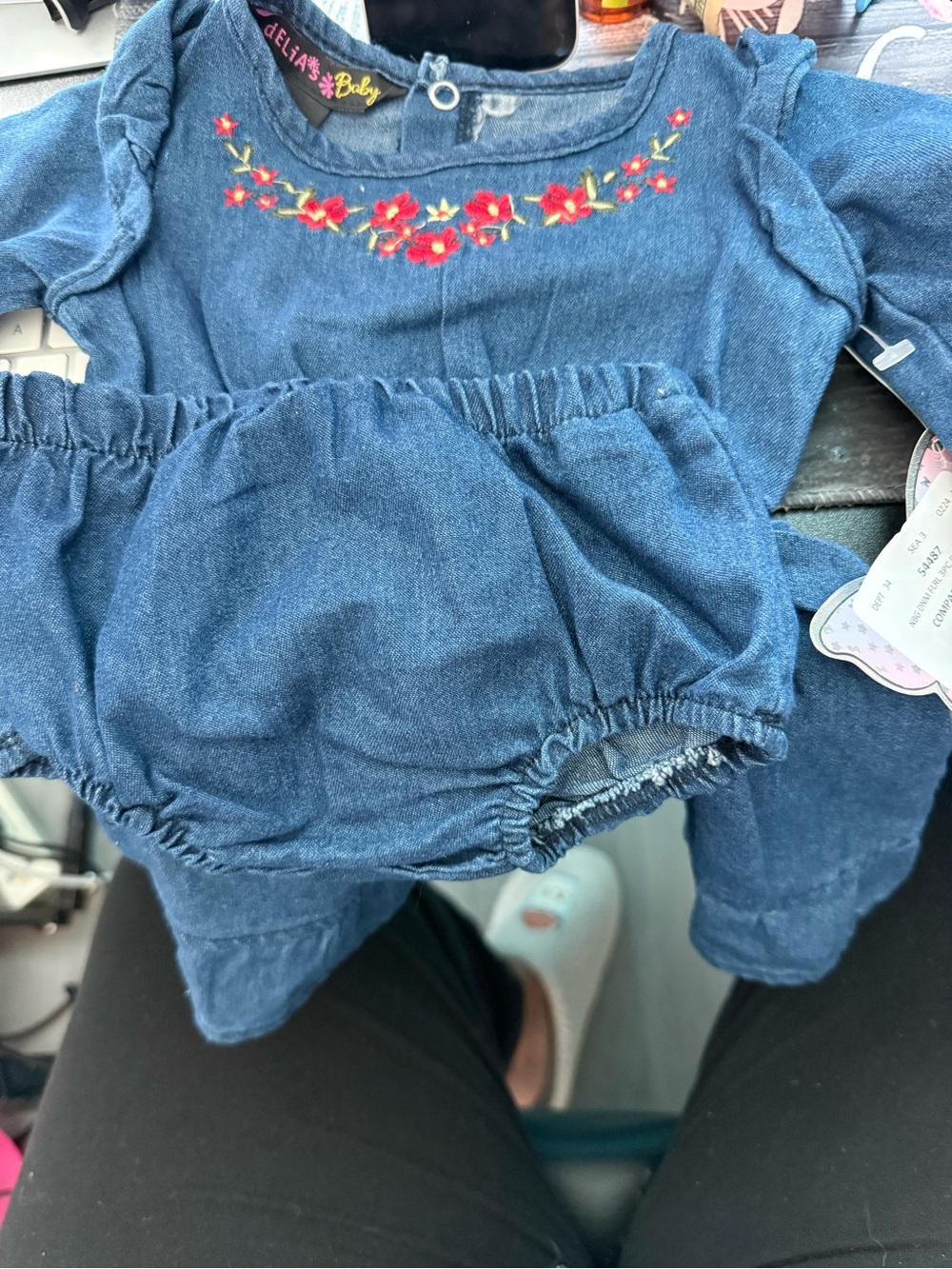 dELiA*s Blue Denim Baby Romper with Red Floral Embroidery